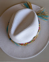 White CC Brand Sunhat w/Colorful Beads & Raffia Band and Adjustable Fit