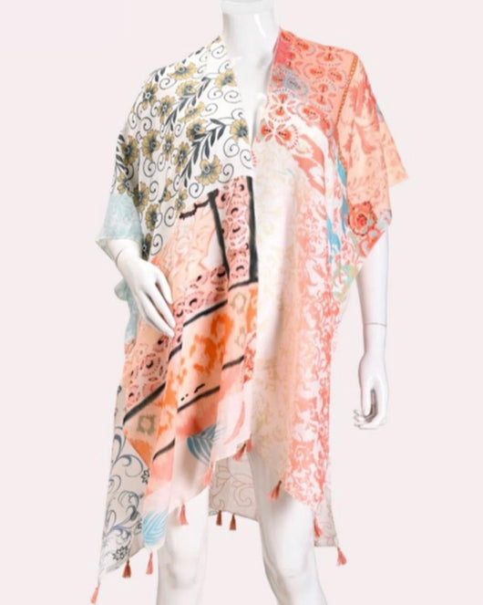 Coral, Cream & Green Floral Design Sheer OS Kimono/Cover Up