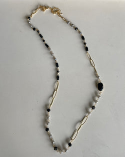 Black & Grey Glass Beads Long Gold Chain Necklace