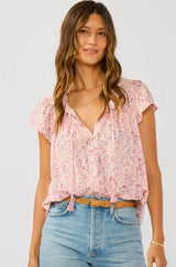 Dusty Rose Floral Design Flutter Cap Sleeve Button Down Top by Lovestitch