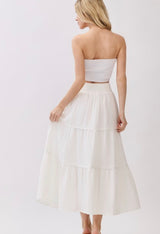 Cabo White Smocked Waist Pom Pom Tiered Trim Midi Skirt w/Pockets