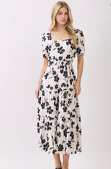 Ivory & Black Leaf Print Square Neckline Tiered Midi Dress w/Pockets