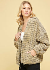 Teddy Soft Olive Tone Stripe Hoodie Zip Up Jacket w/Pockets