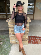Black Sheer Star Print Long Sleeve Mesh Top