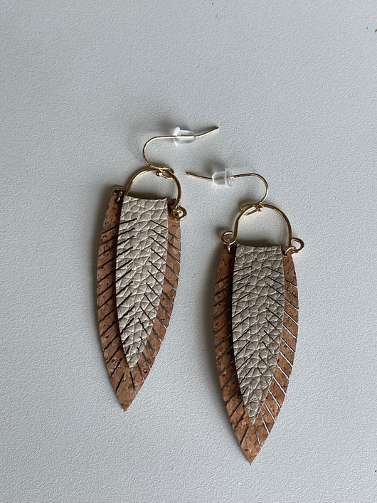 Ivory & Brown Leather Leaf Shaped Earrings