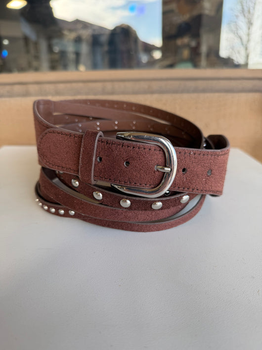 Brown Suede Feel & Silver Studded Twisted Belt