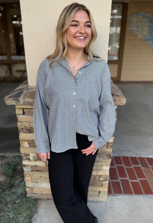 Black & White Stripe Button Down Long Sleeve Top