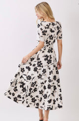 Ivory & Black Leaf Print Square Neckline Tiered Midi Dress w/Pockets