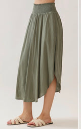 Sage Green Midi Skirt w/Smocked Waistband, Pockets and Round Hem