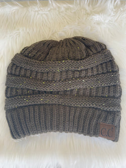 Olive Green Sparkly CC Brand Knit Messy Bun Beanie
