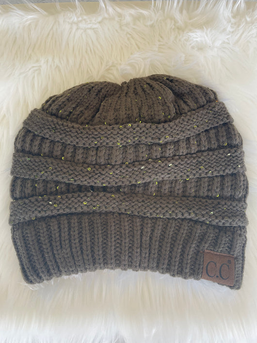 Olive Green Sparkly CC Brand Knit Messy Bun Beanie