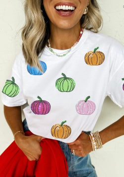 Pumpkin Patch White Cuff Tee w/Sequins Colorful Pumpkins