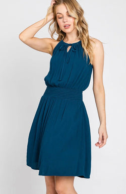 Teal Halter Neck Front Tie Smocked Waist Dress