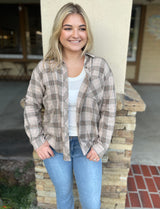 Mushroom Plaid Soft Button Down Flannel Top