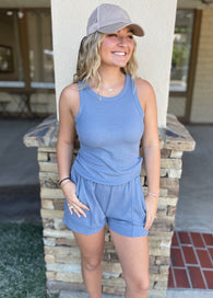 Beachy Blue Thermal Lounge Shorts w/Elastic Waist and Pockets