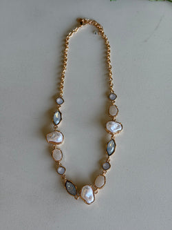 Bella Crystal & Pearl Stones and Gold Chain Necklace