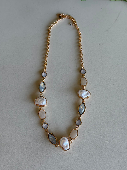 Bella Crystal & Pearl Stones and Gold Chain Necklace