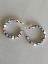 Lavender & Blue Square Wood Beads Open Hoop Earrings