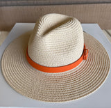 Beige Straw Sunhat w/Orange Faux GG Band and Adjustable Fit