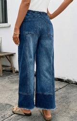 The Julia Dark Denim Wide Leg Patchwork Jeans w/Drawstring Waistband & Pockets