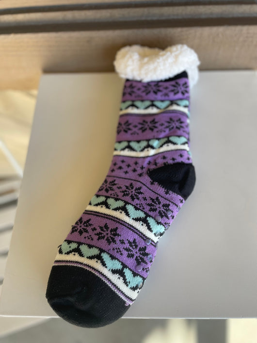 Fluffy Black and Purple Snowflake & Hearts No Slip Socks