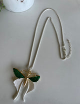 Beautiful Butterfly Necklace w/Silver Long Rope Chain, Gold and Emerald Green Wings