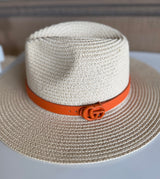 Beige Straw Sunhat w/Orange Faux GG Band and Adjustable Fit