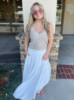 Off-White Midi Skirt w/Smocked Waist, Lining & Pockets