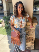 Cream, Blue and Orange Leaf Print Square Neck Blouse