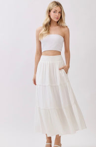 Cabo White Smocked Waist Pom Pom Tiered Trim Midi Skirt w/Pockets