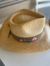 Natural Raffia Cowgirl Hat w/Pink & Teal Embroidery Band by CC Brand - Size S/M