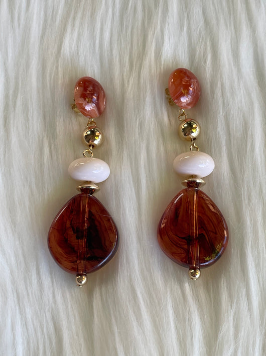 Brown, Cream & Gold Stone Dangle Earrings