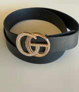 Black Faux “GO” Gold & Rhinestone Buckle Belt