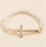 Pearl & Gold Cross Stretch Bracelet