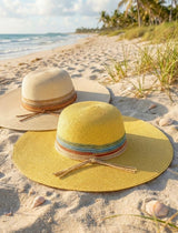 Bahama Colorful Stripe & Tan Floppy Straw Sun Hat w/Adjustable Fit