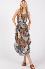 Slate & Rust Leaf Print Tank Midi Dress w/Smocked Waist, Back Tie & Pockets