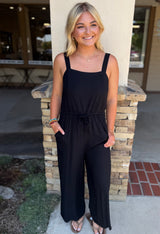 Black Flowy Leg Tank Jumper w/Drawstring Waist, Adjustable Straps and Pockets