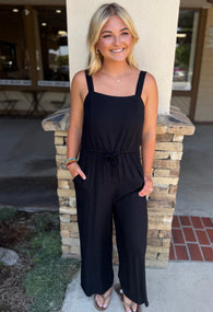 Black Flowy Leg Tank Jumper w/Drawstring Waist, Adjustable Straps and Pockets