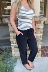 Everyday Black Slightly Crop Straight Leg Pant w/Pockets & Drawstring Elastic Waist