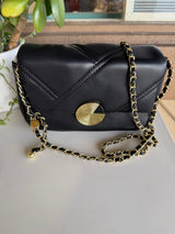 Black Quilt Design & Gold Circle Snap Closer Purse w/Gold Chain and Leather Strap