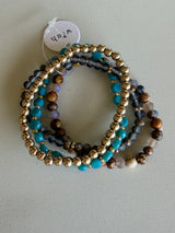 Turquoise, Natural & Gold Glass Beads Set of 4 Stretch Bracelet