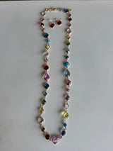 Colorful Glass Stones & Gold Long Chain Necklace w/Ruby Red Glass Stone Earring Set