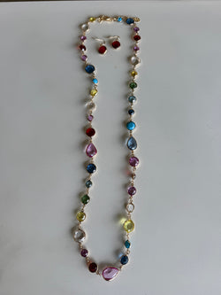 Colorful Glass Stones & Gold Long Chain Necklace w/Ruby Red Glass Stone Earring Set