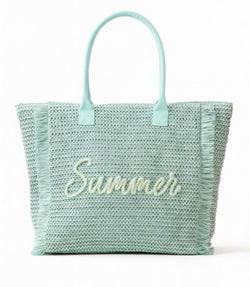Teal Summer Straw Large Tote Bag w/Zipper Closure & Pocket