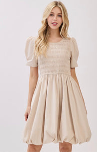 Indy Natural Smocked Bodice Puff Hemline Dress w/Pockets