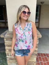 Vibrant Pink & Purple Floral Print Ruffle Trim Tank Top w/Half Button Neckline by Lovestitch