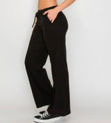 Black Ribbed Wide Leg Loungewear Pants w/Elastic Drawstring Waist