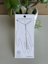 White Gold Dipped Silver Chain & Rectangle CZ Stone Hand Chain Bracelet