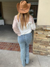 Khaki Leopard & Stripe Patchwork Long Sleeve Button Down Top w/Front Pocket