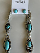 Chunky Turquoise Stones & Antique Silver Necklace and Post Earring Set